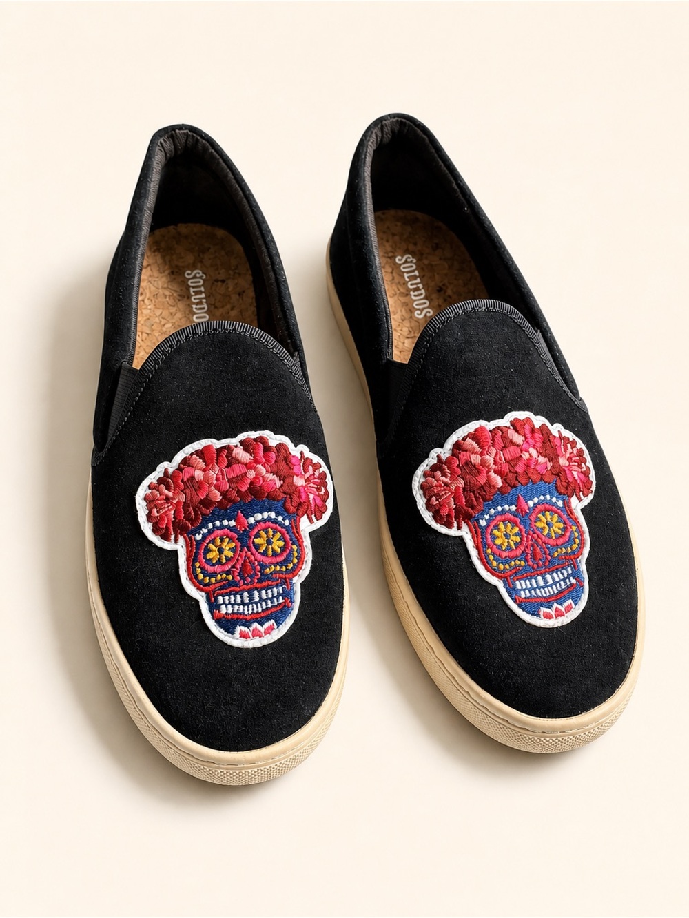 Soludos Skull Embroidered Slip On Sneakers Black Platform Women 8.5